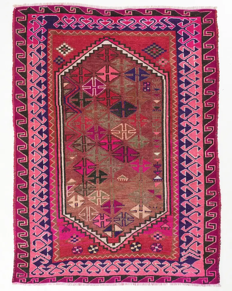 Pembe Halı, 4,7x6,2 ft Düz Mor Vurgulu