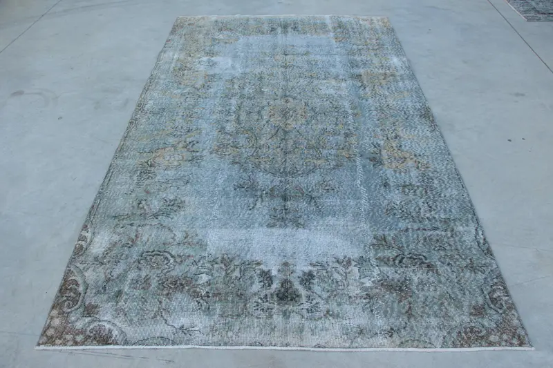 Vintage Turkish Large Rug 5.2x8.6 ft, Oushak Blue Wool Rug - 1