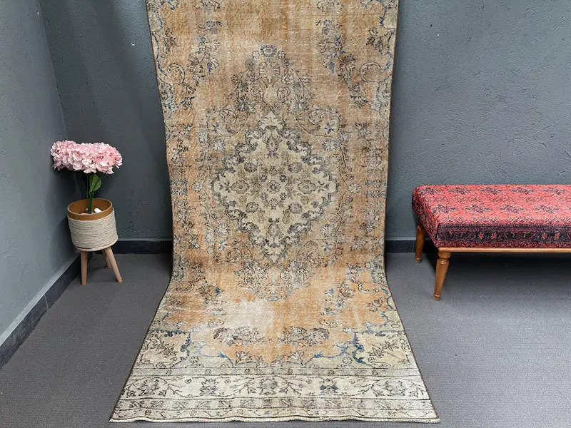 Turkish 3.8x9.3 ft Rug, Oushak Vintage Rug, Brown Ikat Rug Wool - 1
