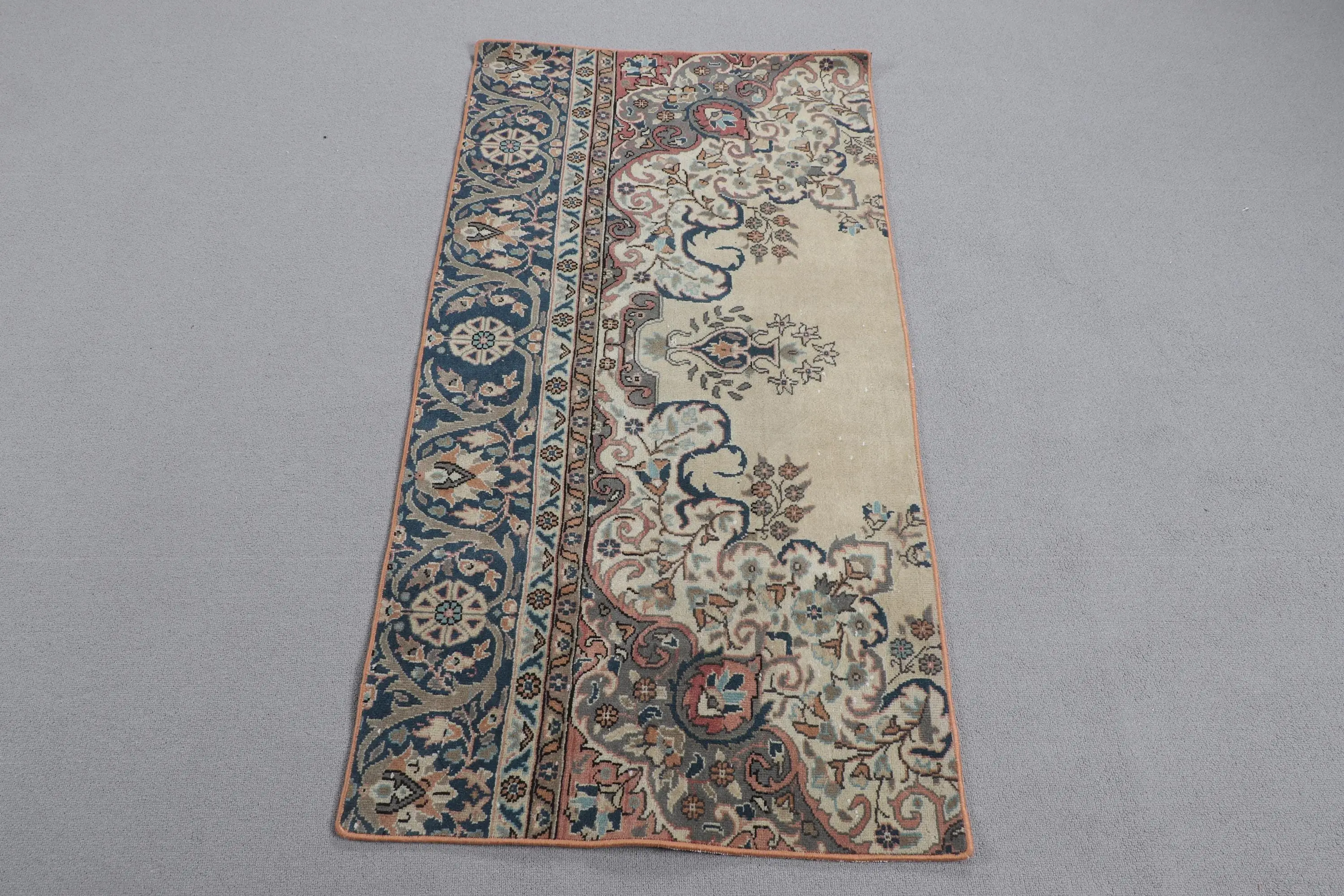 Vintage Rug, 2.3x4.5 ft Turkish Rug, Blue Floral Wool Rug - 1