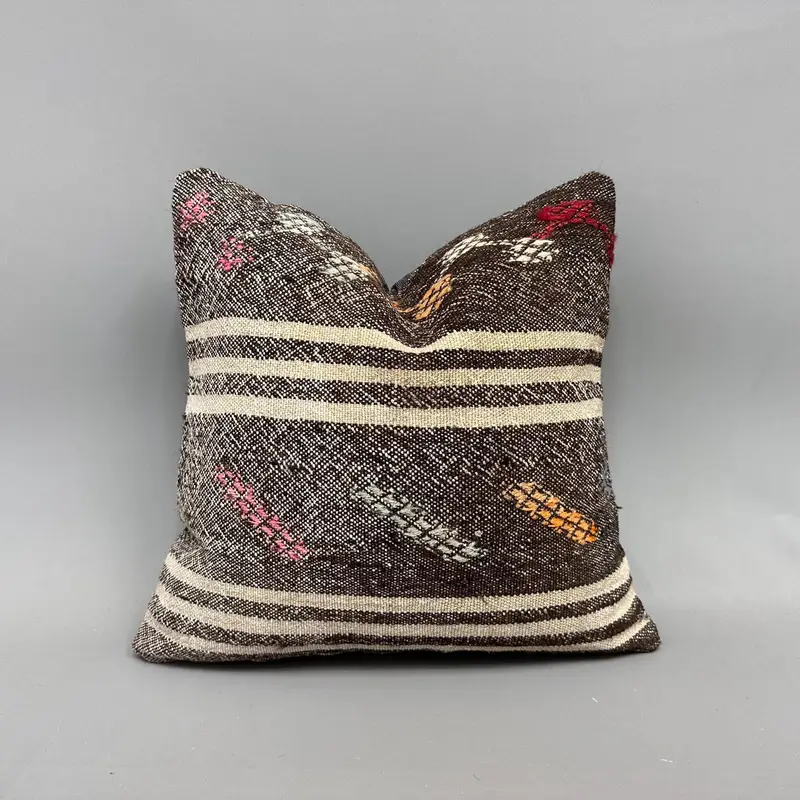 Pillow Cover, Bolster Throw Pillow Case, Kilim Pillow, Vintage Kilim Pillow, Kilim Pillow Cover, 18x18 Brown Cushion Case - 1