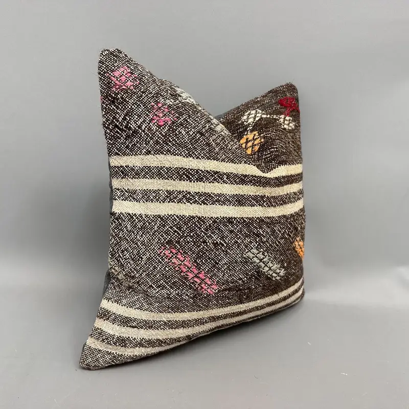Pillow Cover, Bolster Throw Pillow Case, Kilim Pillow, Vintage Kilim Pillow, Kilim Pillow Cover, 18x18 Brown Cushion Case - 2