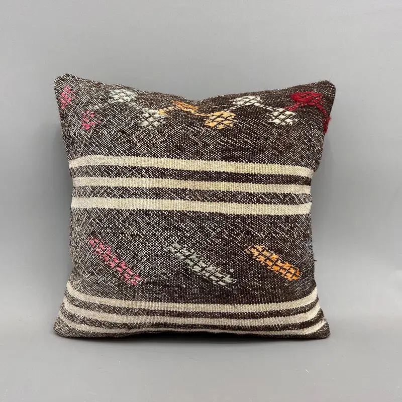 Pillow Cover, Bolster Throw Pillow Case, Kilim Pillow, Vintage Kilim Pillow, Kilim Pillow Cover, 18x18 Brown Cushion Case - 4