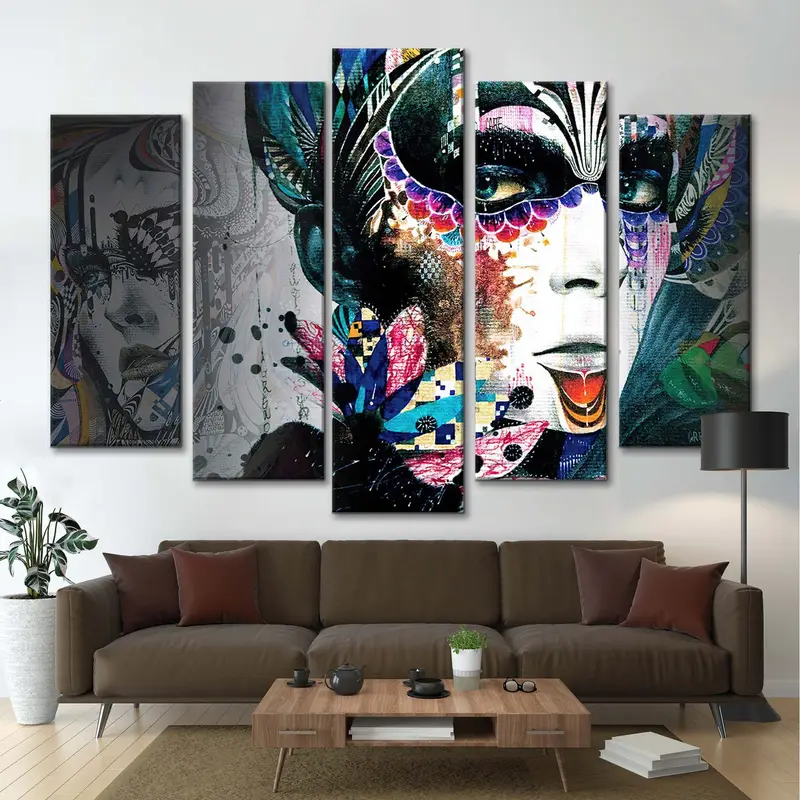 Arte abstracto, arte de la cara de mujer, arte de retrato de mujer, arte creativo de pared, arte femenino, decoración colorida, obra de arte abstracta, niña con flores - 6