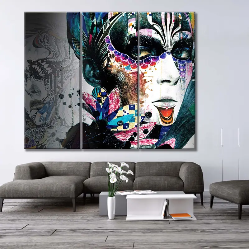 Arte abstracto, arte de la cara de mujer, arte de retrato de mujer, arte creativo de pared, arte femenino, decoración colorida, obra de arte abstracta, niña con flores - 4