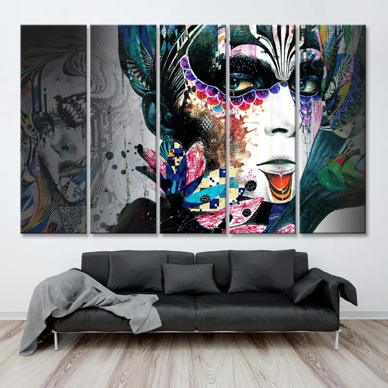 Arte abstracto, arte de la cara de mujer, arte de retrato de mujer, arte creativo de pared, arte femenino, decoración colorida, obra de arte abstracta, niña con flores - 5