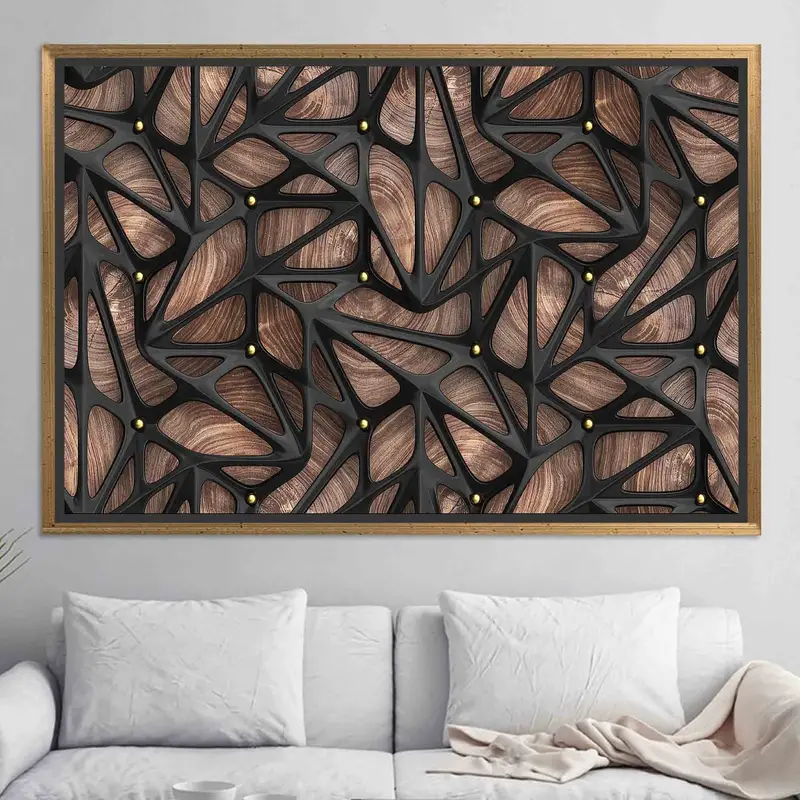 Abstrakte Holzleinwand: Geometrischer Druck in Braun und Schwarz