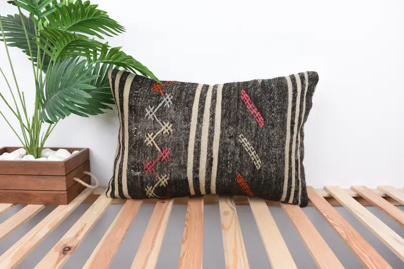 Pillow, Boho Throw Pillow Case, Vintage Pillow, Antique Pillows, Bed Cushion Cover, Handwoven Cushion, Pillow for Couch, 16x24 Brown Cushion Cover - 1
