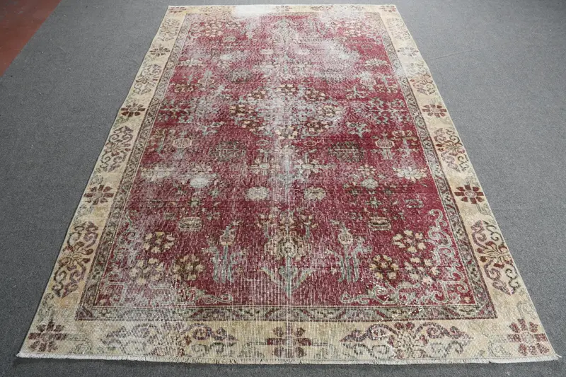 Turkish Vintage Rug 5.3x8.3 ft, Red Oushak Ombré Rug - 1