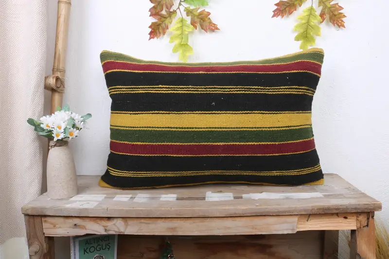 Brown & Yellow Striped Throw Pillow, Handmade Embroidered Cushion