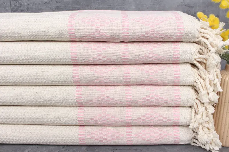Turkish Organic Cotton Pink Peshtemal Kilim Design Towel, 36x71 Inches