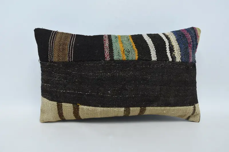 Brown Turkish Antique Pillow Cover, Bohemian Striped Wool Kids Room Pillowcase - 1