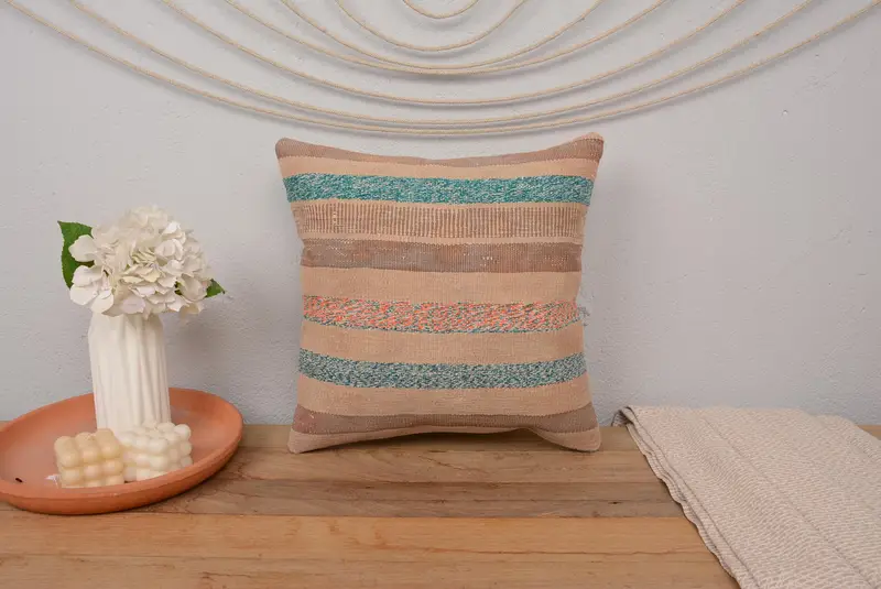Christmas Cushion Cover, Pillow, Pillow for Couch, Ethnical Kilim Rug Pillow, 16x16 Beige Cushion Case, Vintage Kilim Pillow - 2