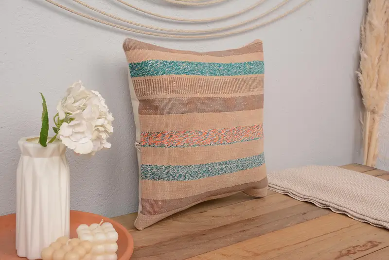 Christmas Cushion Cover, Pillow, Pillow for Couch, Ethnical Kilim Rug Pillow, 16x16 Beige Cushion Case, Vintage Kilim Pillow - 1