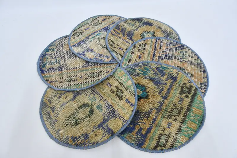 ボヘミアン ブルー & グリーン サークル プレースマット、コットン & ウール ボヘミアン装飾