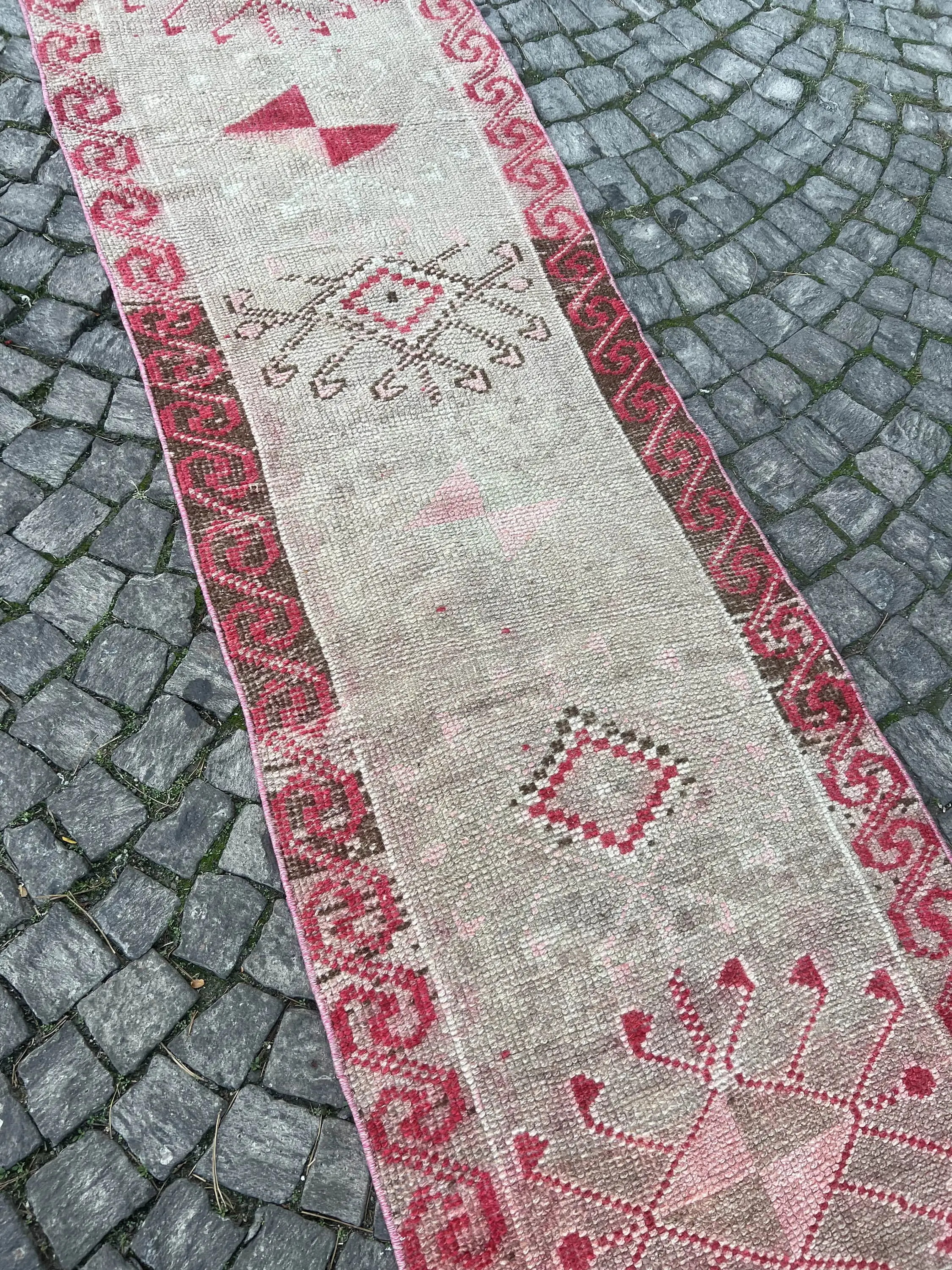 2.4x12.5 ft Herki Rug, Vintage Turkish Rug, Gray Red Oriental Rug - 1