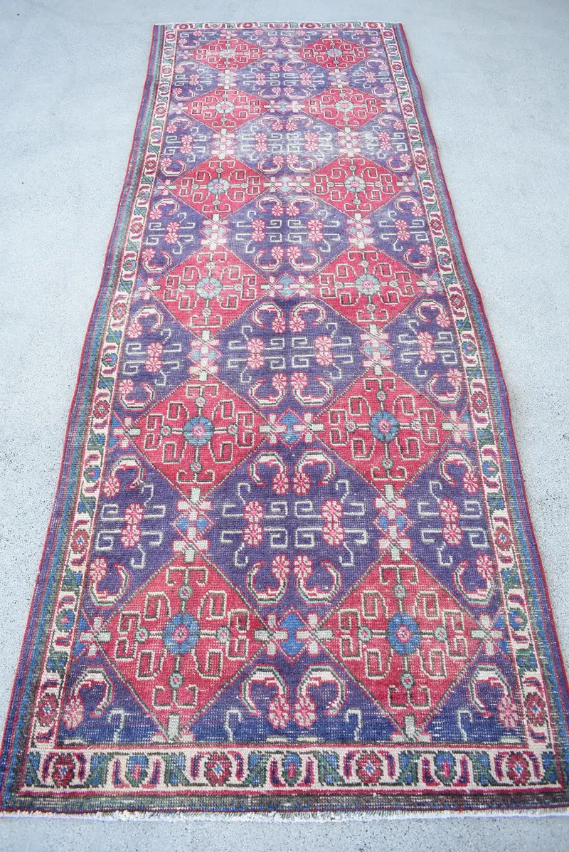 Vintage Türk Yolluk Halısı 3.37x9.4 ft, Mavi Kırmızı Bordürlü Halı - 1