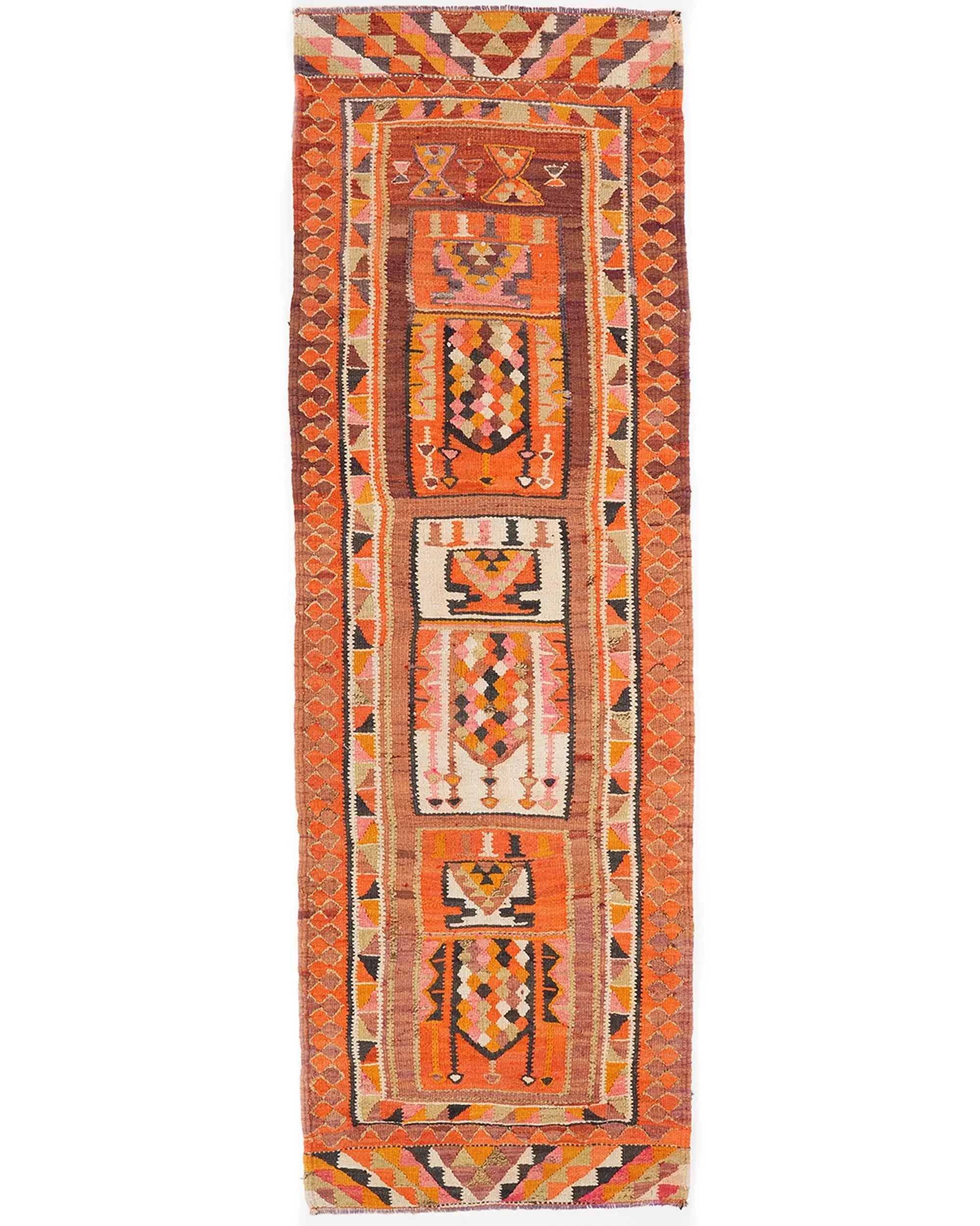 Türkischer Läuferteppich 3,1 x 9,4 Fuß, orangebrauner Pflanzen- und Baumteppich aus Wolle - 1