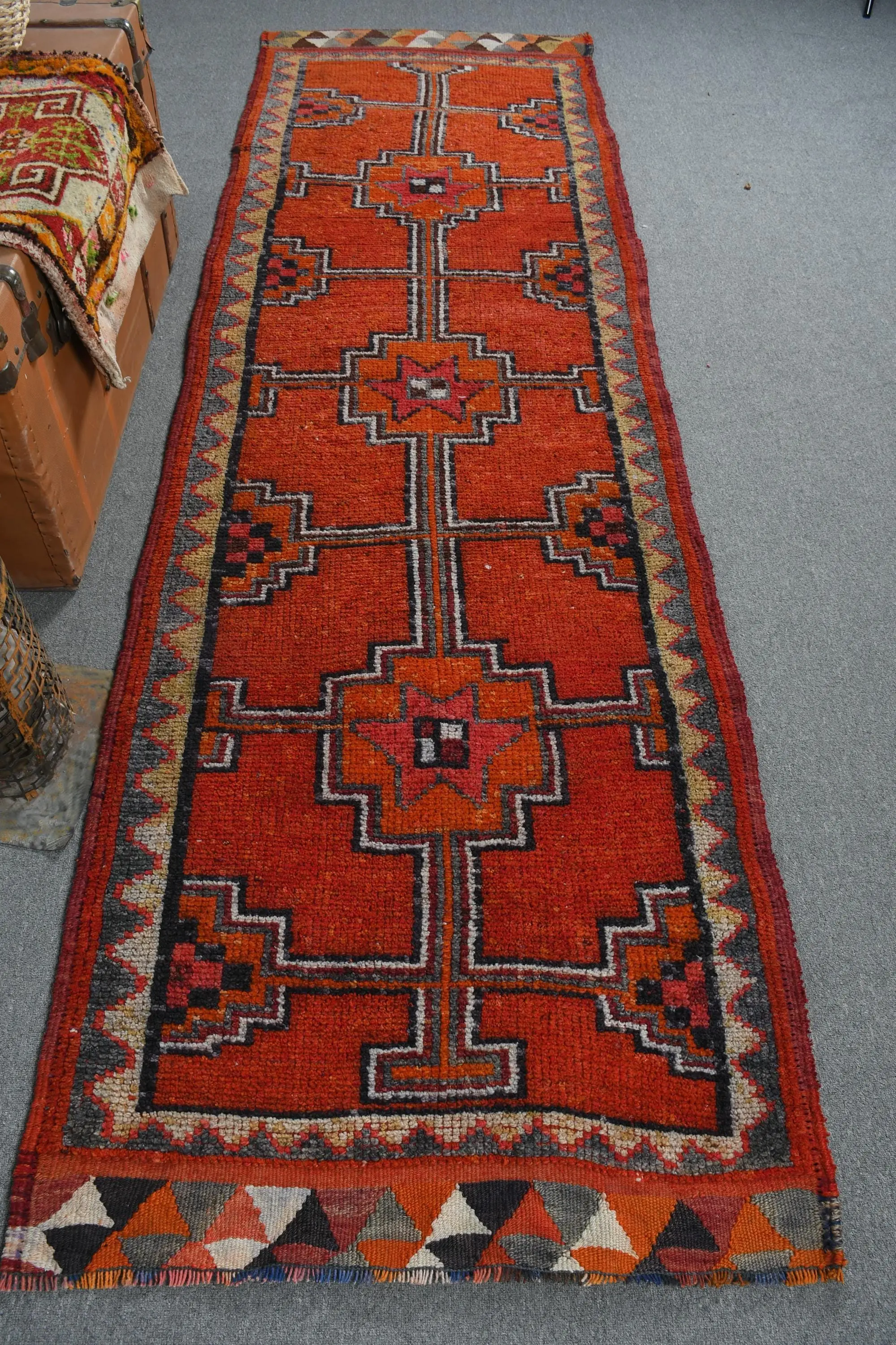 3x10.1 ft Runner Vintage Turkish Rug, Red Floral Wool Rug - 1