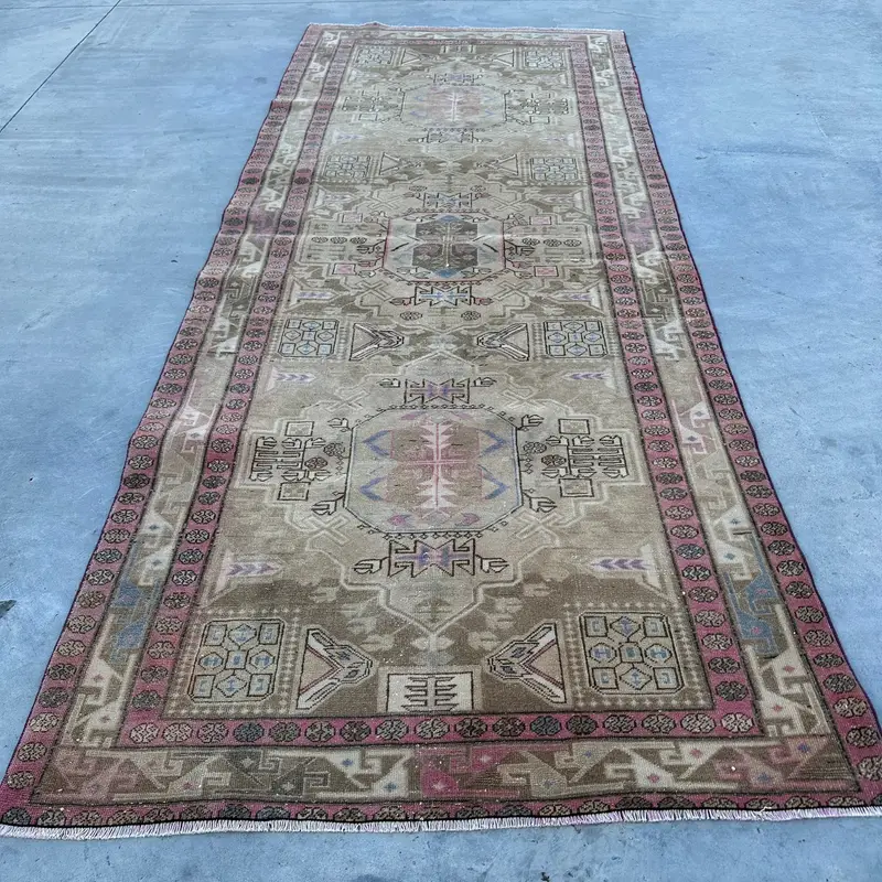 Vintage 4x9,5 ft Teppich, türkischer Teppich, beige floraler Wollteppich - 1
