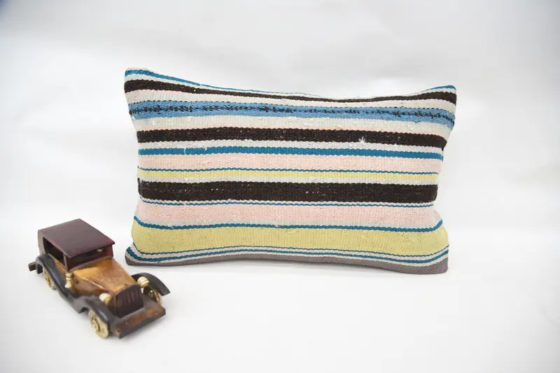 Blue Throw Euro Sham, Moroccan 30x50 cm Cushion, Striped Garden Pillow - 1