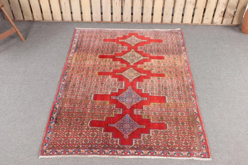 Handmade Southwestern Rug, 3.9x4.4 ft Red & Blue