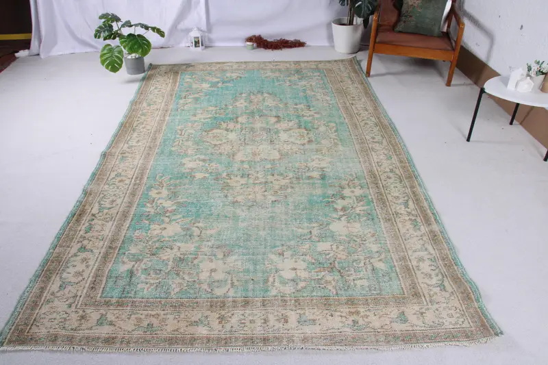 Türk Büyük Halı, 5.8x9.3 ft Vintage Halı, Mavi Çiçekli Yün Halı - 1