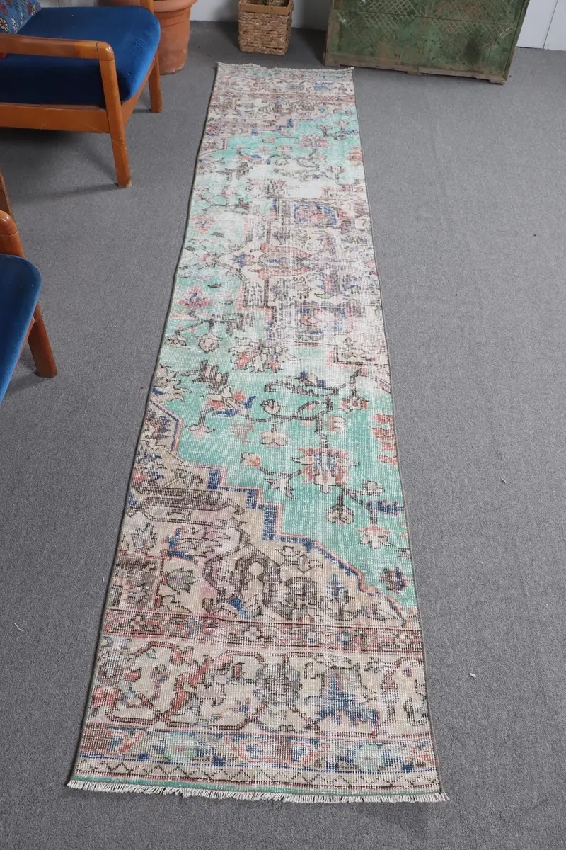 エレガントなグリーン&ブルーラグ、2.1x10.4フィートの花柄&ペイズリーデザイン