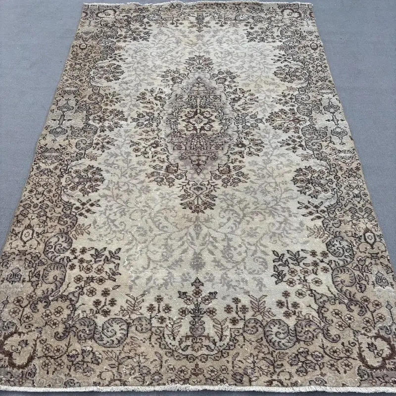 Turkish Vintage Rug 5.7x9 ft, Brown Oushak Plants & trees Rug - 1