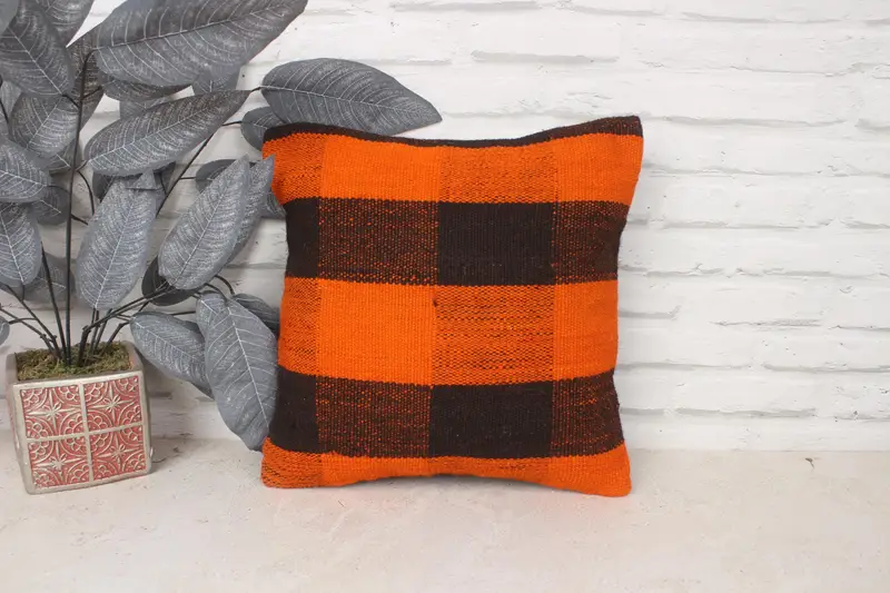 Ethnical Kilim Rug Pillow, Cushion Case, Home Decor Pillow, Gift Pillow, 14x14 Orange Pillow Cover, Nautical Throw Cushion - 1