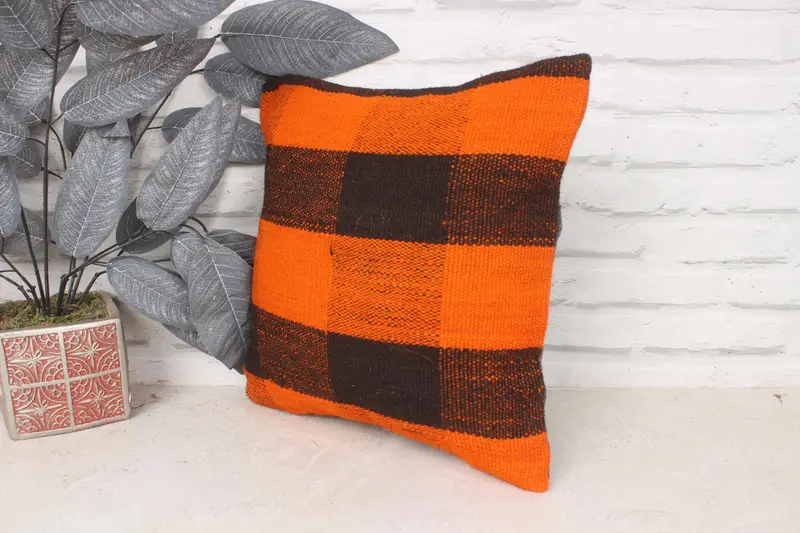 Ethnical Kilim Rug Pillow, Cushion Case, Home Decor Pillow, Gift Pillow, 14x14 Orange Pillow Cover, Nautical Throw Cushion - 4