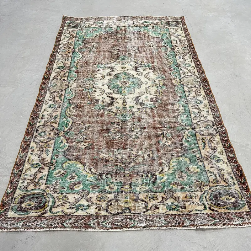 5.1x8.1 ft Vintage Rug, Oushak Rug, Brown Check Rug Wool - 1