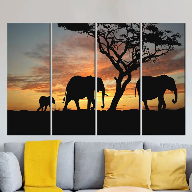 Elephant Canvas, Safari Wall Decor, Sunset Poster, African Landscape Print, Elephant Silhouette, Wild Animal Wall Decor, Canvas Wall Art, - 1