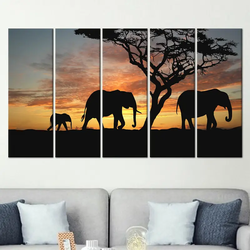 Elephant Canvas, Safari Wall Decor, Sunset Poster, African Landscape Print, Elephant Silhouette, Wild Animal Wall Decor, Canvas Wall Art, - 5