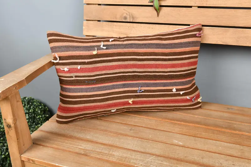 Chair Pillow, 12x20 Brown Pillow Cover, Indoor Pillow, Cushion, Ethnical Kilim Rug Pillow, Boho Pillow, Natural Cushion Case, Handmade Kilim Cushion - 1