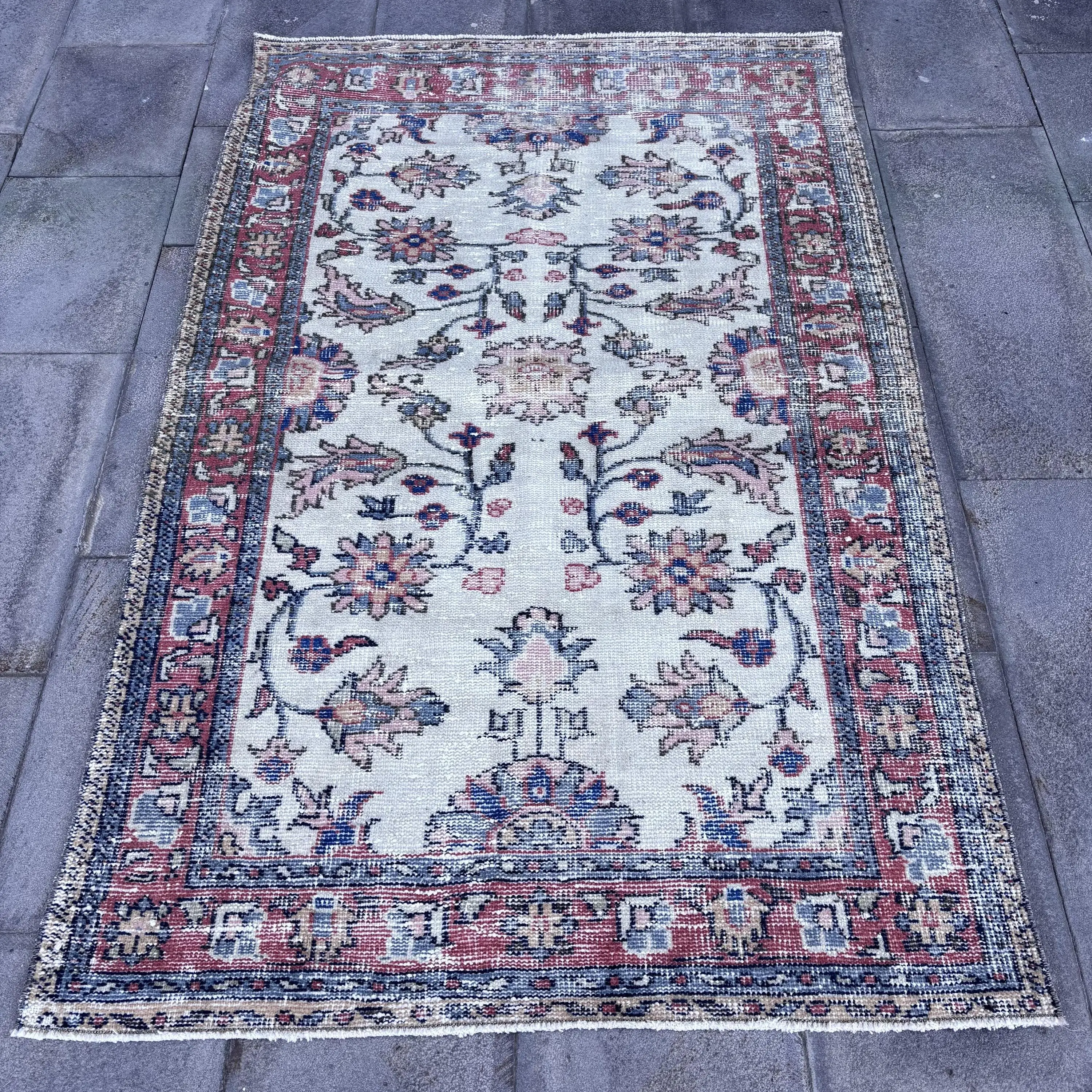 Vintage Turkish Rug, 3.6x5.7 ft Accent Rug, Blue Red Animal Print Rug - 1