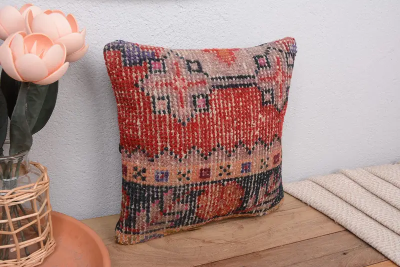 Rotes südwestliches besticktes Kissen, Vintage 12x12 Wurfkissen