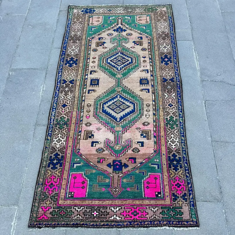 3.2x6.3 ft Accent Vintage Turkish Rug, Blue Check Wool Rug - 1