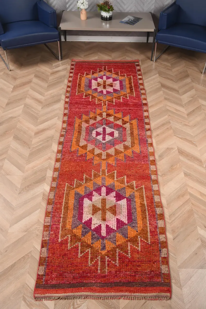 Türk Herki Halısı 2.7x10.3 ft, Kırmızı Turuncu Oryantal Yün Vintage Halı - 1