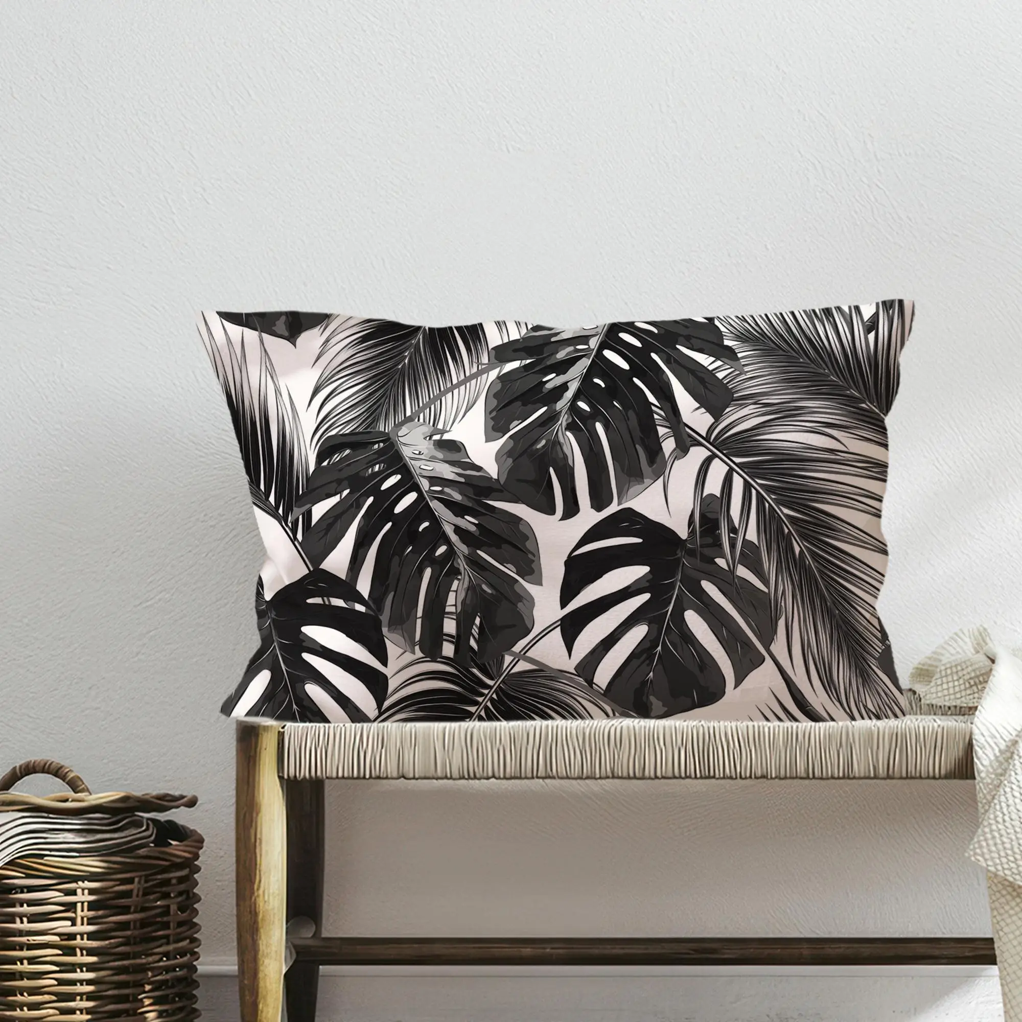 Palm Leaf Printed Pillow: Tropical Leaves in Black and White - 1