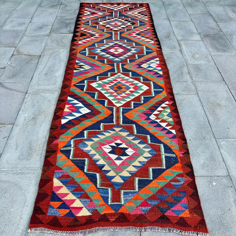 Mavi ve Turuncu Halı, 3,1x10,7 ft Çizgili Geometrik Tasarım