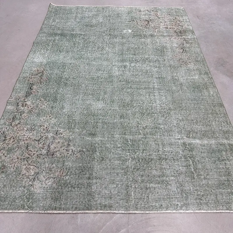 6.3x9.3 ft Rug, Vintage Turkish Rug, Green Oushak Wool Rug - 1