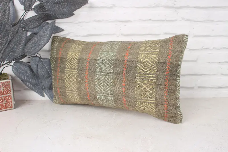 Pillow Case, Kilim Cushion Sham, One Of A Kind Pillow Case, Turkish Kilim Pillow, Ikat Cushion Case, Boho Pillow, 10x20 Yellow Pillow - 4