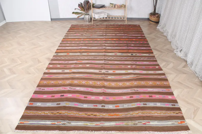 Türk Vintage Halı 6.8x12 ft (206x366 cm), Kilim Kahverengi Soyut Halı - 1