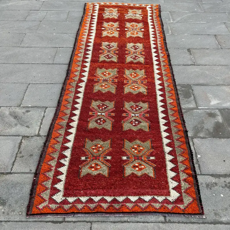 Vintage Turkish Herki Runner Rug 3.3x9.5 ft, Red Bordered Rug Wool - 1