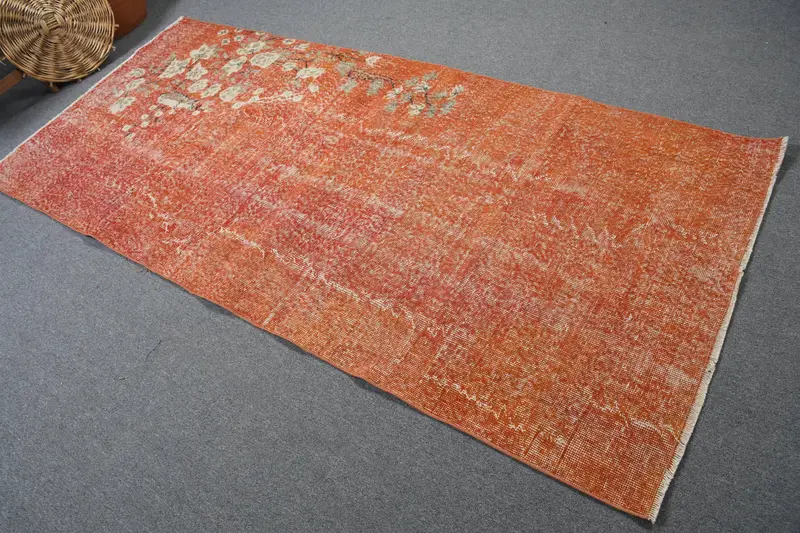 3.7x8.1 ft Alan Türk Halısı, Turuncu Bitkiler ve ağaçlar Vintage Halı - 1