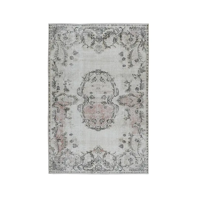 Vintage Turkish Rug 5.8x8.8 ft, Oushak Gray Patchwork Wool Rug - 1