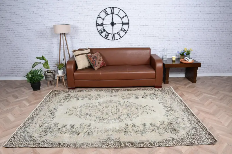 Vintage 6x8.3 ft Büyük Halı, Türk Halısı, Oushak Beyaz Kamuflaj Halı - 1