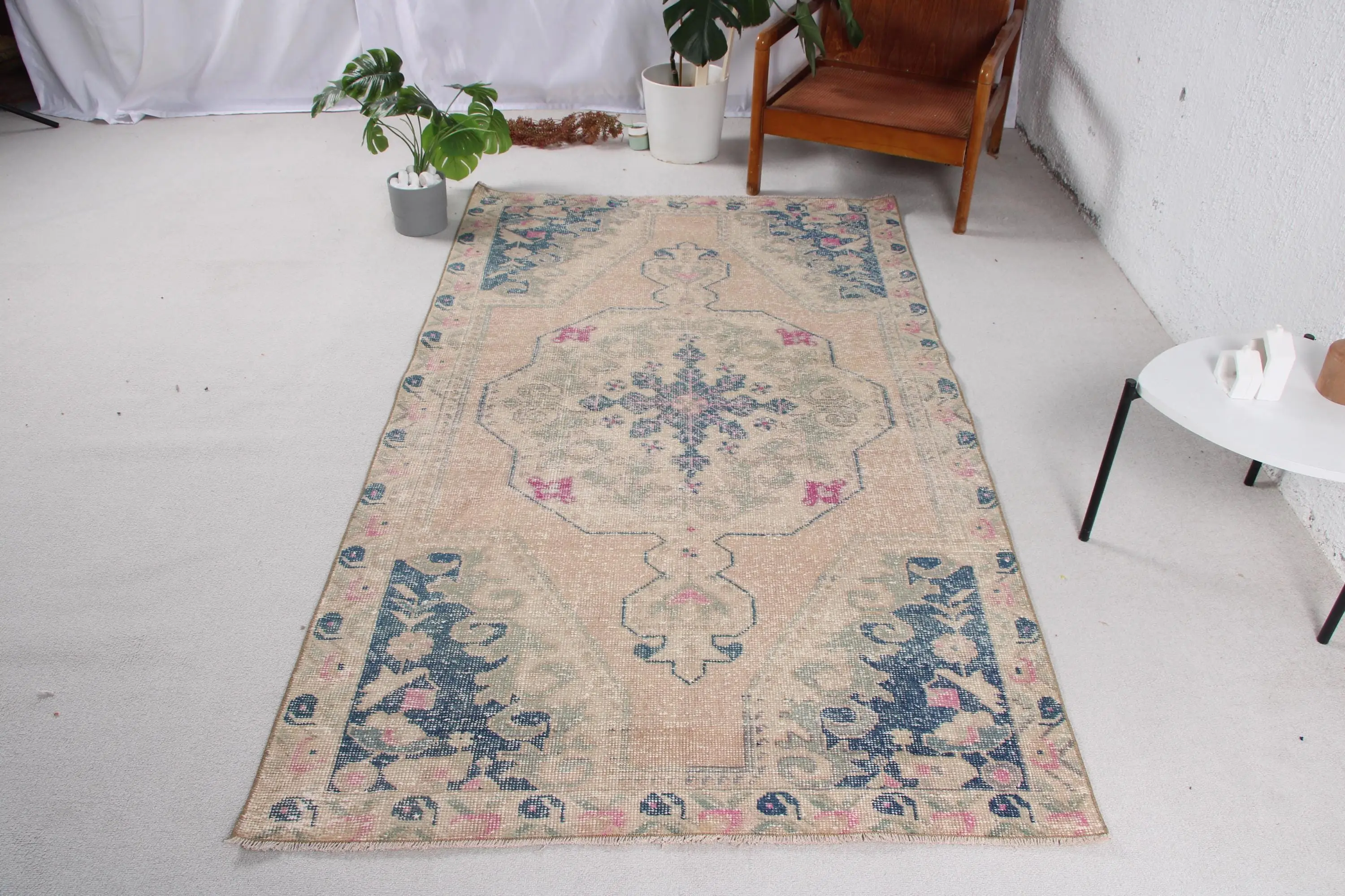 Vintage Alan Halısı 4.1x7.3 ft, Türk Mavisi Kareli Yün Halı - 1