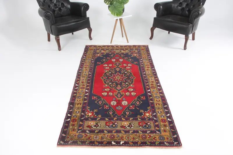 3.5x6.9 ft Türk Halısı, Oushak Halısı, Kırmızı Güneybatı Halısı Yün - 1